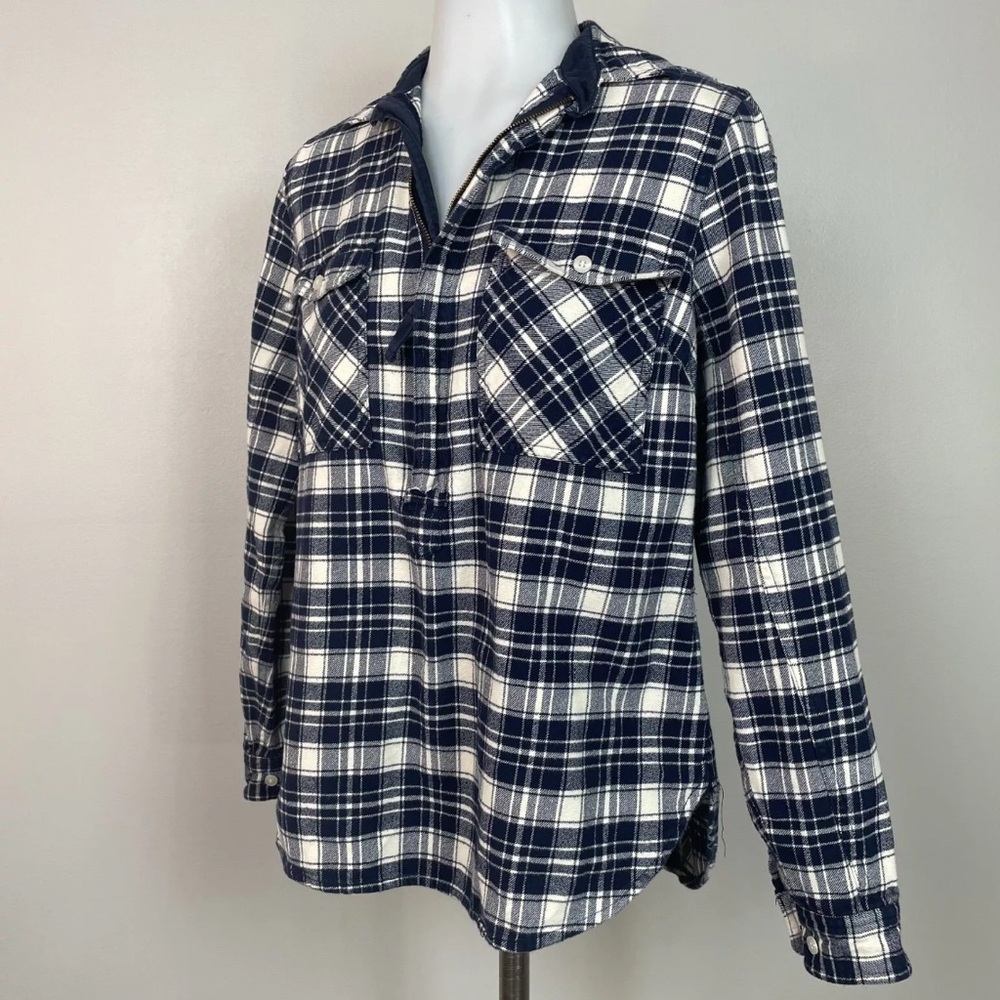 New J Crew Half Zip Navy and White Plaid Flannel L/S Shirt Sz S